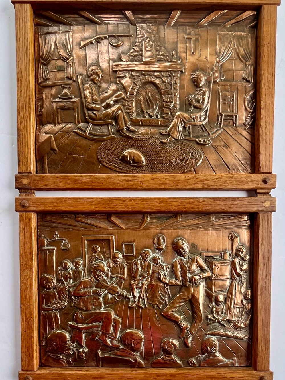 Embossed Copper Wall Plaque Set in Oak Frame